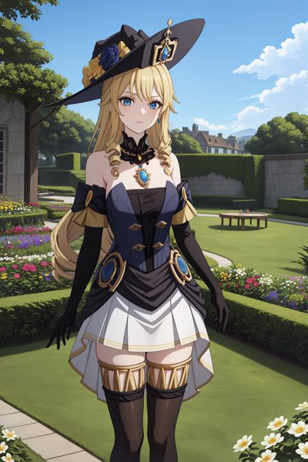 23510-2672874350-_lora_navia-000012_1_,navia,long hair,blonde hair,hat, witch hat,blue eyes,dress,bangs,black headwear,gloves,bare shoulders,flow.png